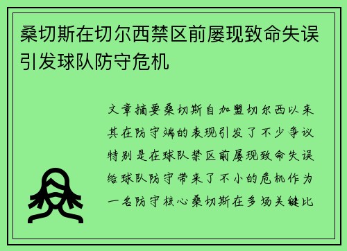 桑切斯在切尔西禁区前屡现致命失误引发球队防守危机