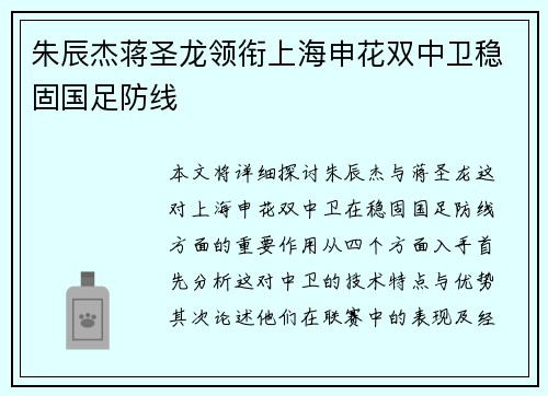 朱辰杰蒋圣龙领衔上海申花双中卫稳固国足防线